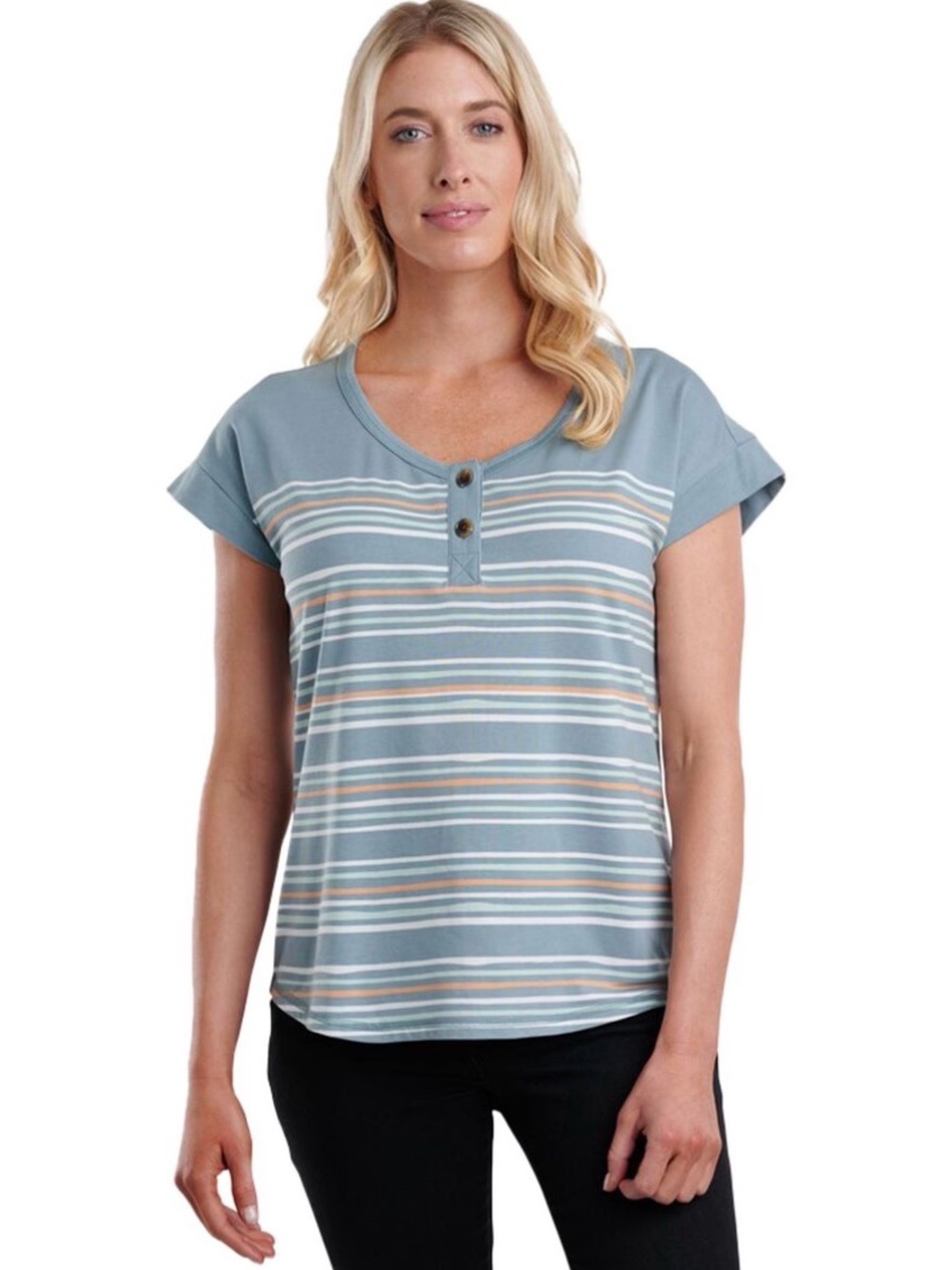 Kuhl Women’s Solstice Short Sleeve Top in Blue Multicolor Stripes
